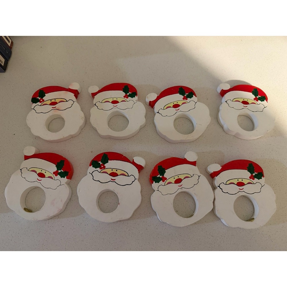 VTG Napkin Rings Wooden Hand Painted Santa Set Of 8